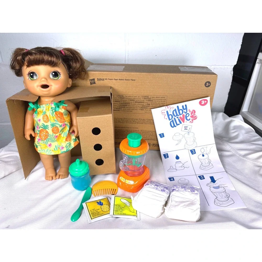 Baby Alive Magical Mixer Baby Doll Tropical Fruit Dress Brown Hair E6944 Hasbro